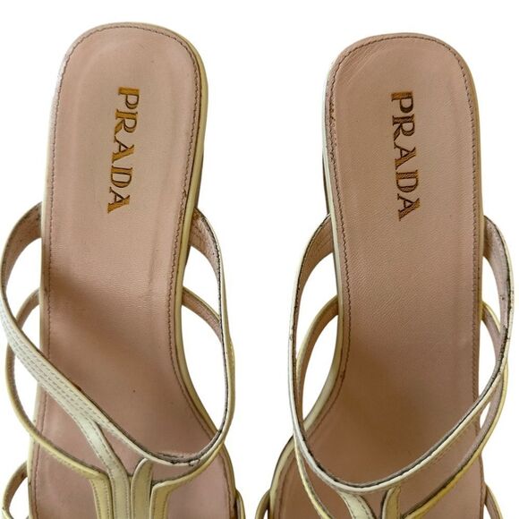 PRADA Beige Wedge Patent Leather Strappy Slide Sandals - Picture 6 of 12